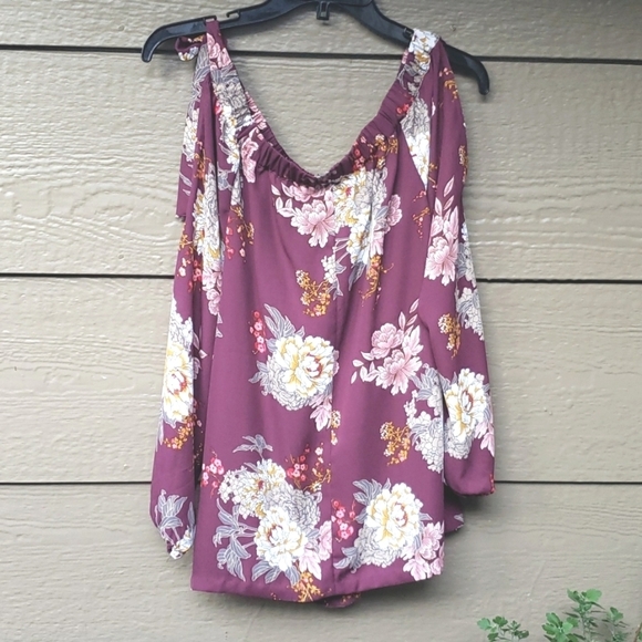 Ali & Jay Jade Plum Purple Floral Print Off-the-Shoulder lined top LULUs - Picture 11 of 12